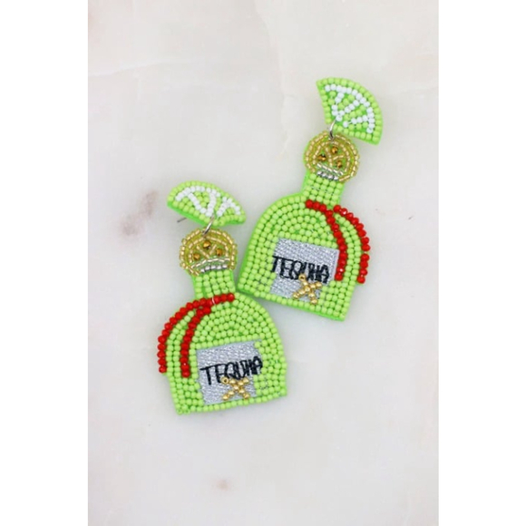 Lime green tequila bottle seed bead earrings - Picture 2 of 2